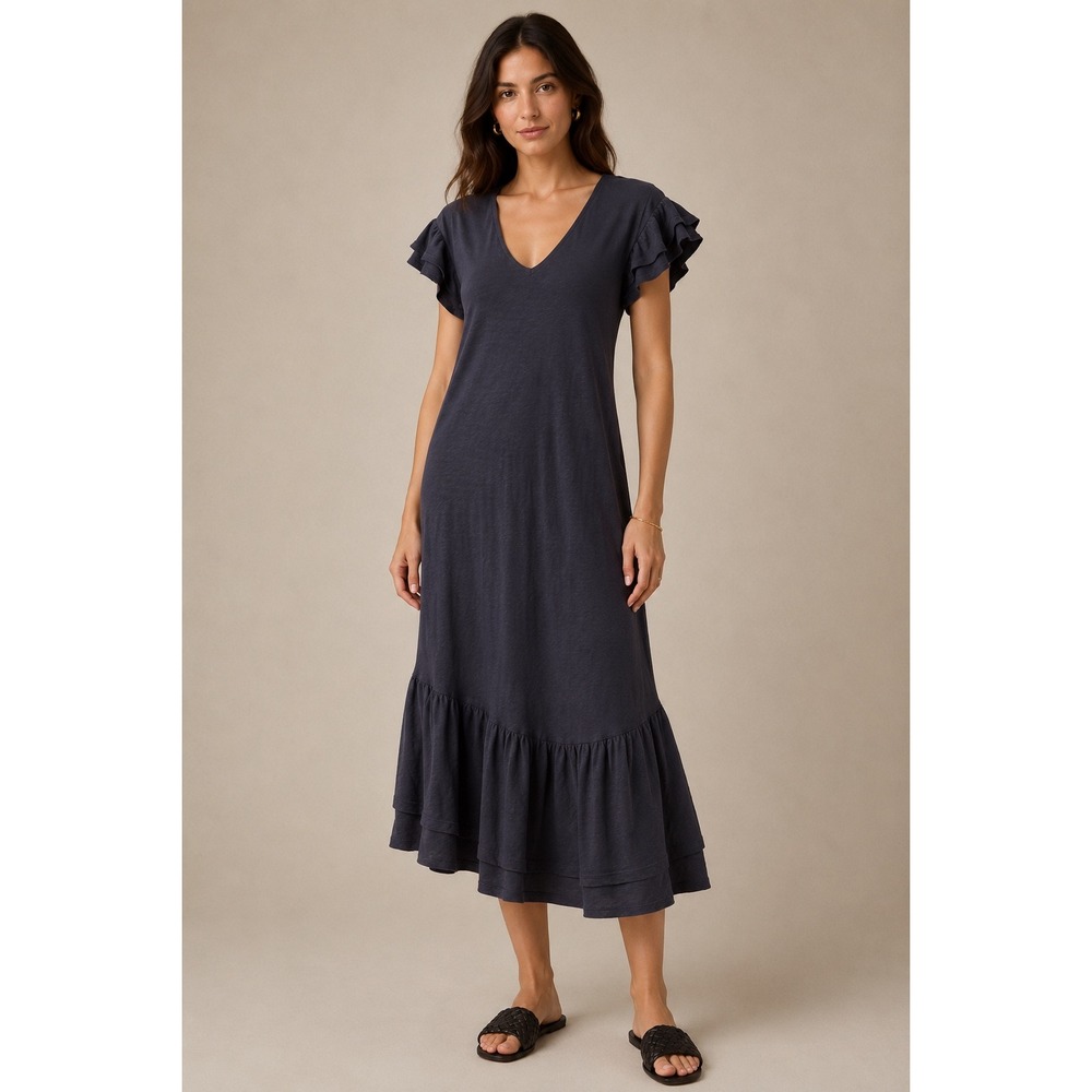 Z‎ Supply Zella Cotton Slub Midi Dress Shadow Gray Ruffle Sleeve ZD221789 XS NEW